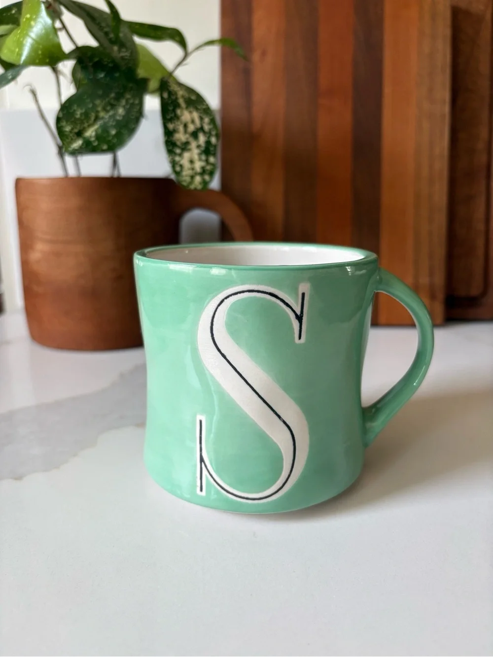 Anthropologie Hand Painted Monogram Mug “S” Mint Green EUC